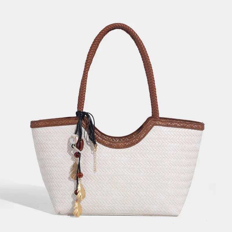 Braided PU Leather Tote Bag with Charm Detail - Vellegra