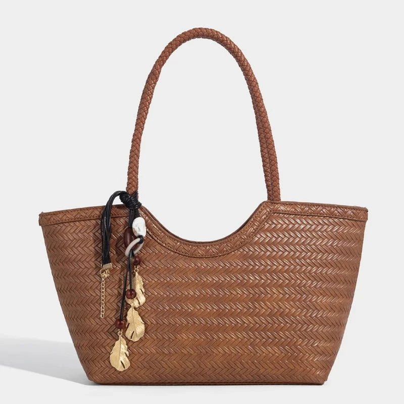 Braided PU Leather Tote Bag with Charm Detail - Vellegra