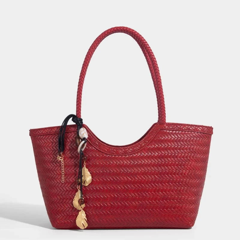 Braided PU Leather Tote Bag with Charm Detail - Vellegra