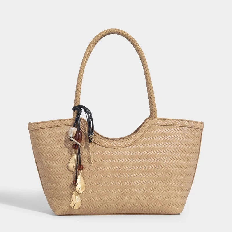 Braided PU Leather Tote Bag with Charm Detail - Vellegra