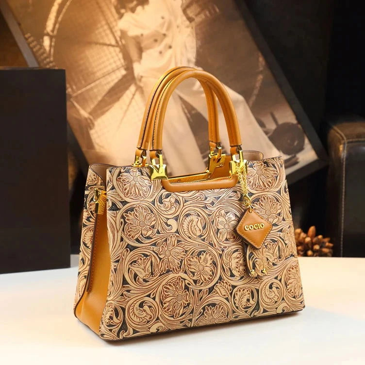 Floral Carved Leather Tote for Elegant Daily Wear - Vellegra