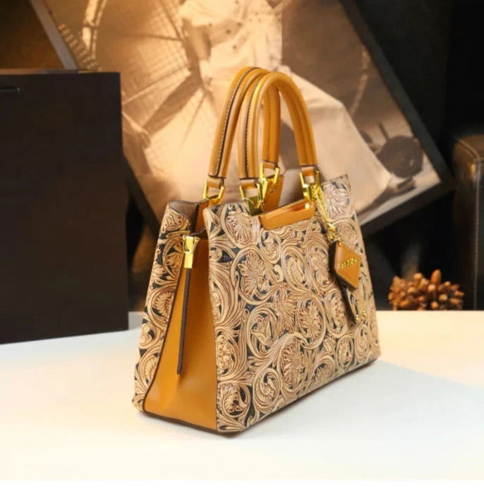 Floral Carved Leather Tote for Elegant Daily Wear - Vellegra