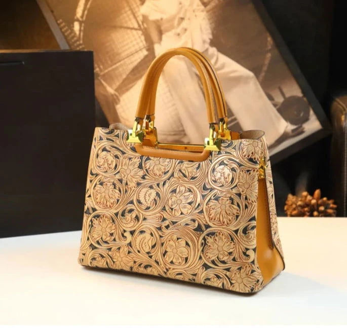 Floral Carved Leather Tote for Elegant Daily Wear - Vellegra