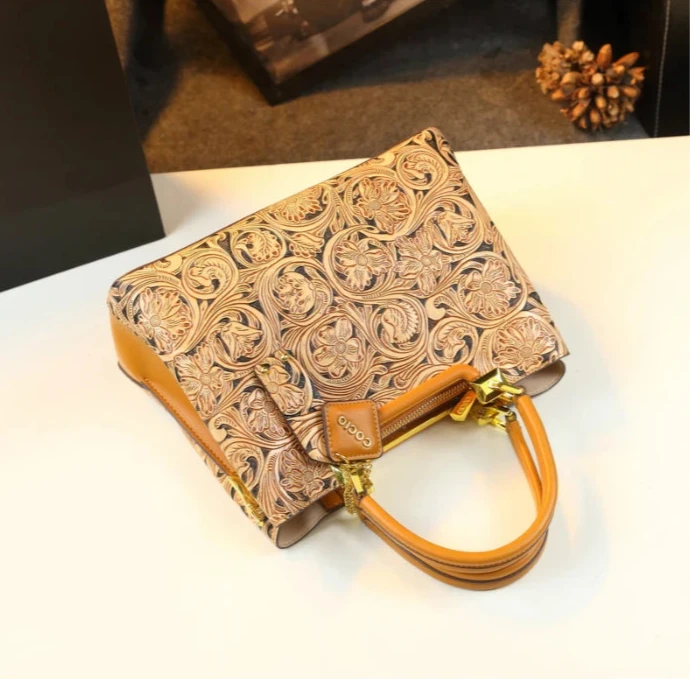 Floral Carved Leather Tote for Elegant Daily Wear - Vellegra