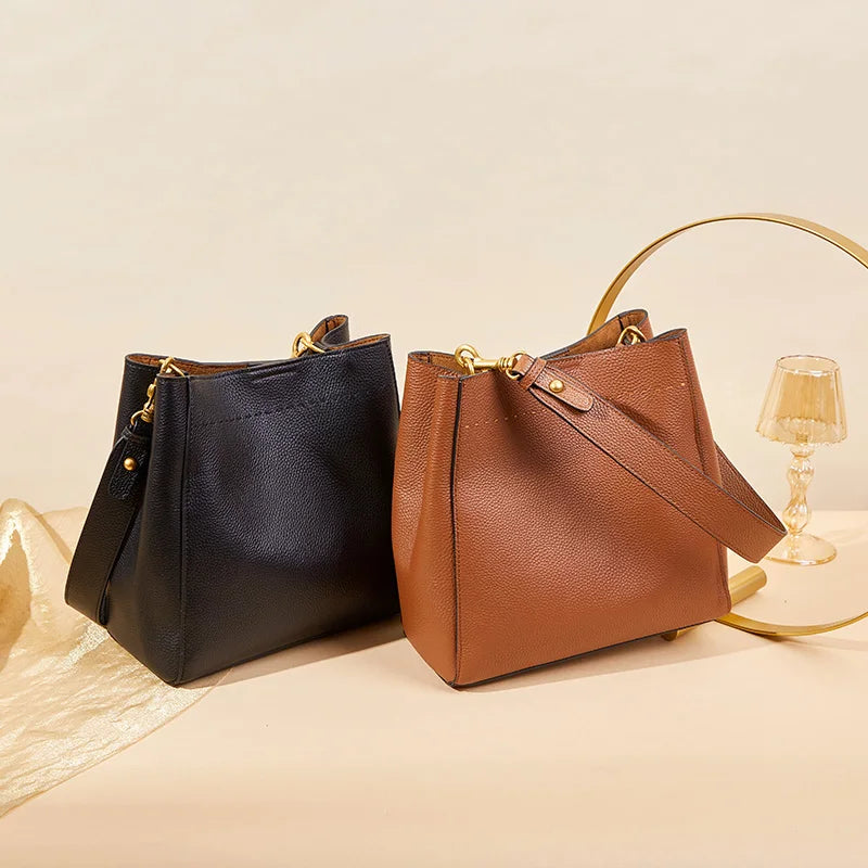 Zivara Leather Bucket Bag – Structured Cowhide Shoulder Tote
