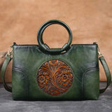 Handcrafted Floral Embossed Leather Bag with Round Handles - Vellegra