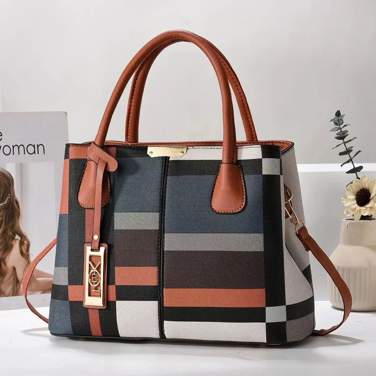 Plaid Block Panel Crossbody Satchel - VELLEGRA