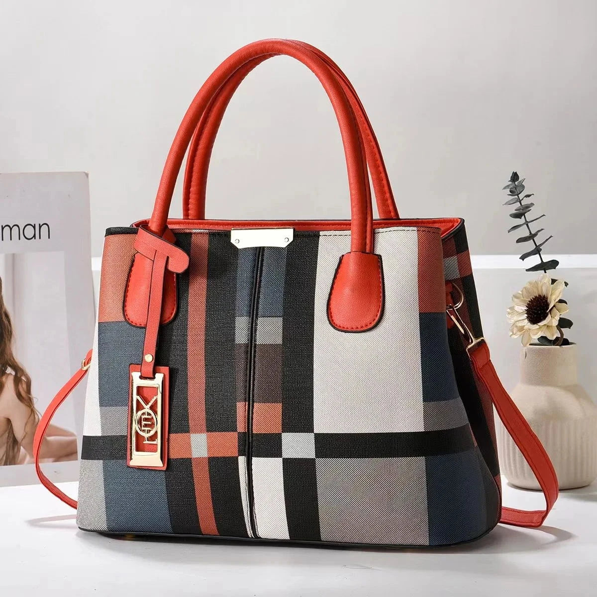 Plaid Block Panel Crossbody Satchel - VELLEGRA