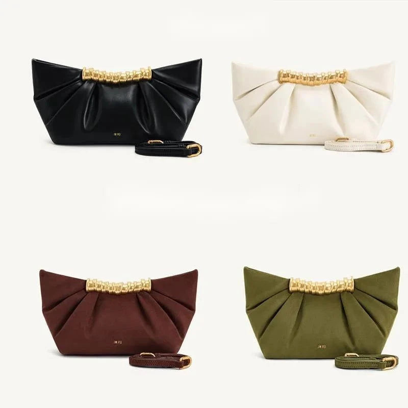 Pleated PU Clutch with Gold Handle Detail - Vellegra