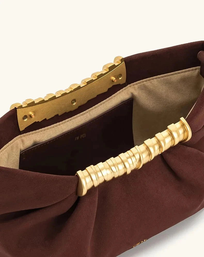 Pleated PU Clutch with Gold Handle Detail - Vellegra