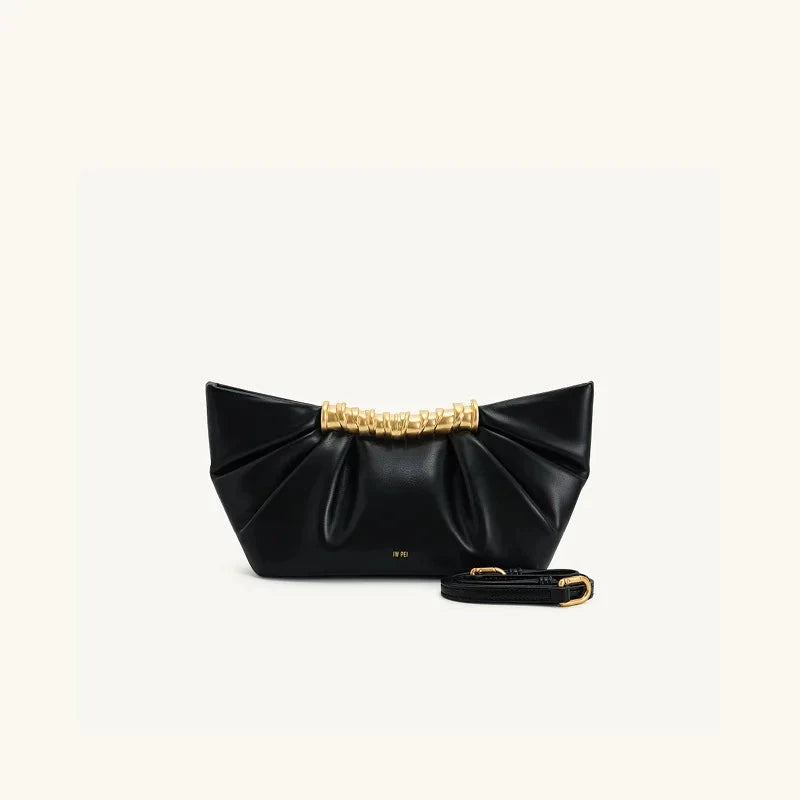Pleated PU Clutch with Gold Handle Detail - Vellegra