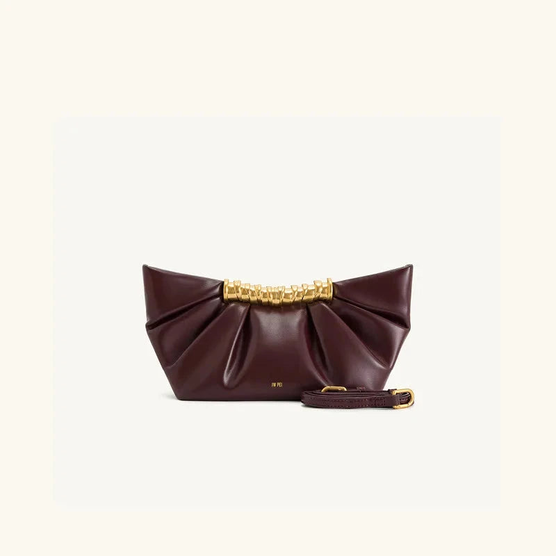Pleated PU Clutch with Gold Handle Detail - Vellegra