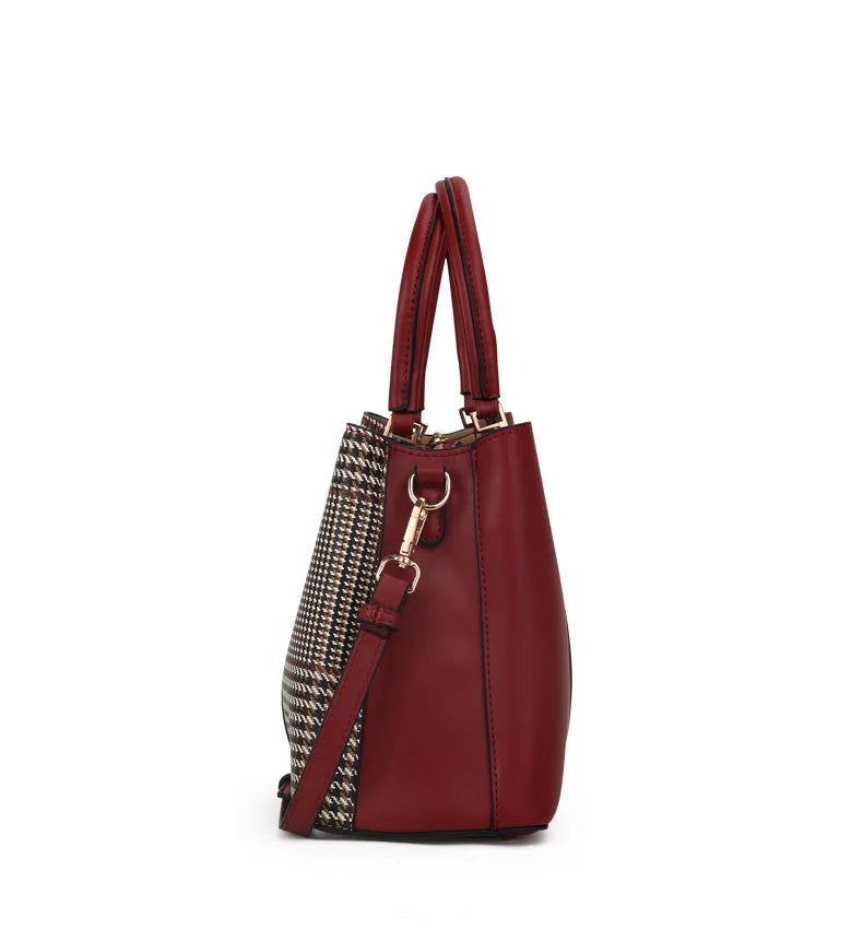 Vernara Colorblock Tote – Structured Houndstooth Cowhide Handbag with Pearl Accent