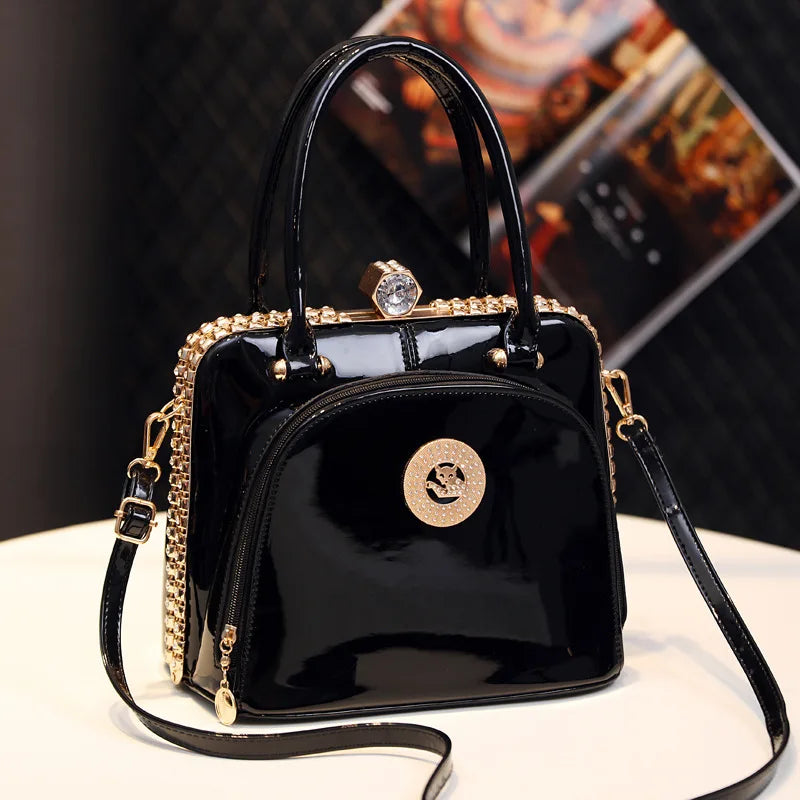 Serelina Crystal Shell Bag – Glossy Leather Evening Handbag