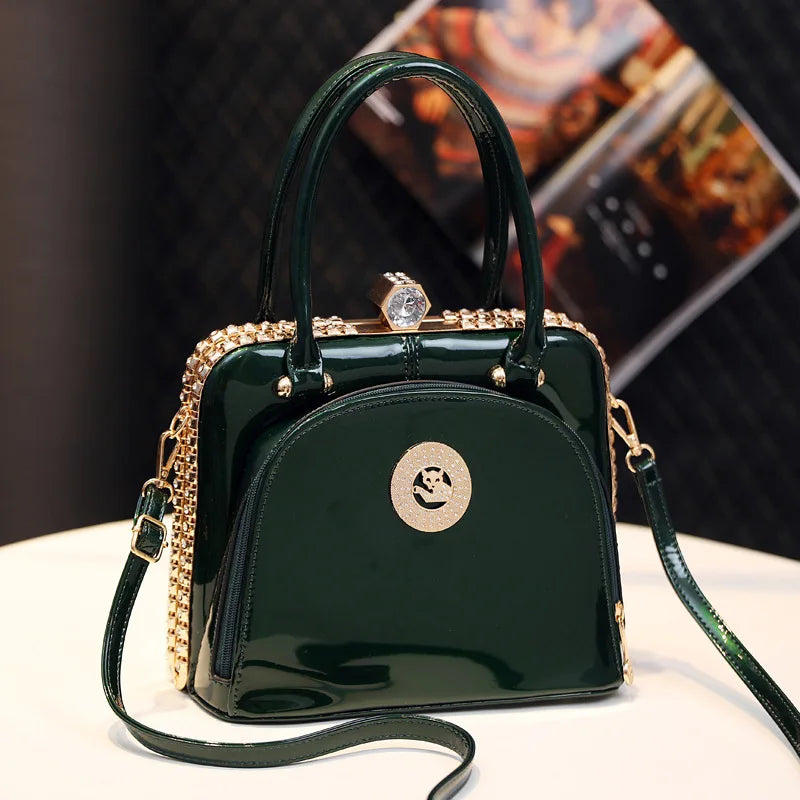 Serelina Crystal Shell Bag – Glossy Leather Evening Handbag