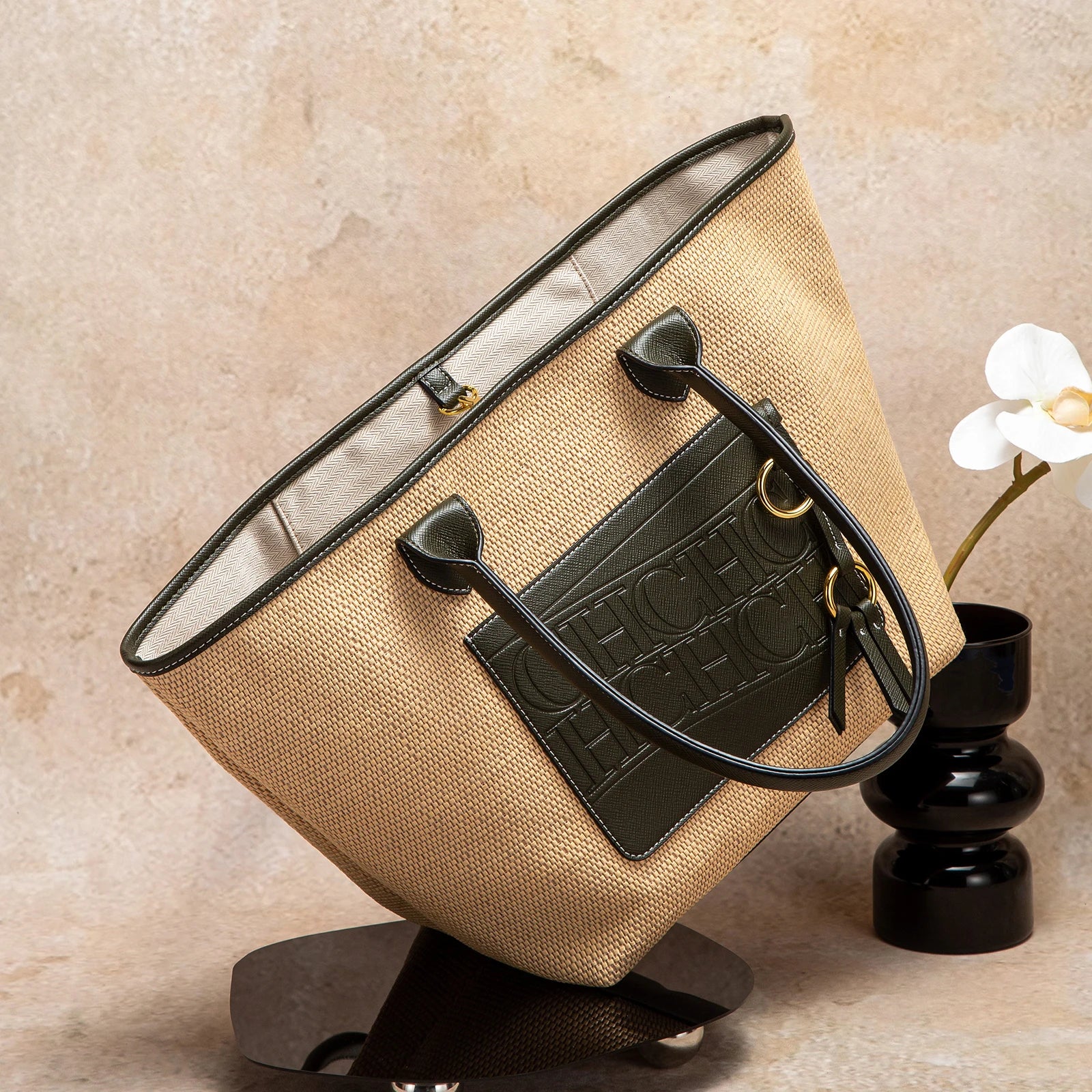 Summer Straw Tote with Leather Trim & Front Pocket