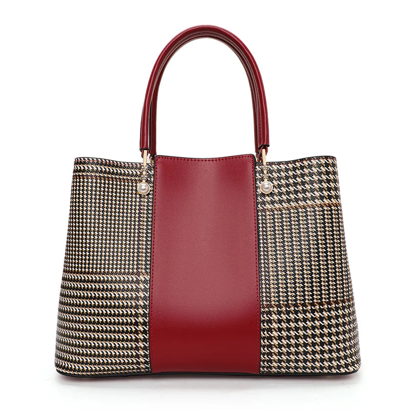 Vernara Colorblock Tote – Structured Houndstooth Cowhide Handbag with Pearl Accent