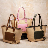 Summer Straw Tote with Leather Trim & Front Pocket