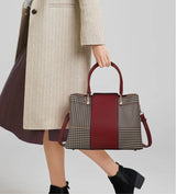 Vernara Colorblock Tote – Structured Houndstooth Cowhide Handbag with Pearl Accent