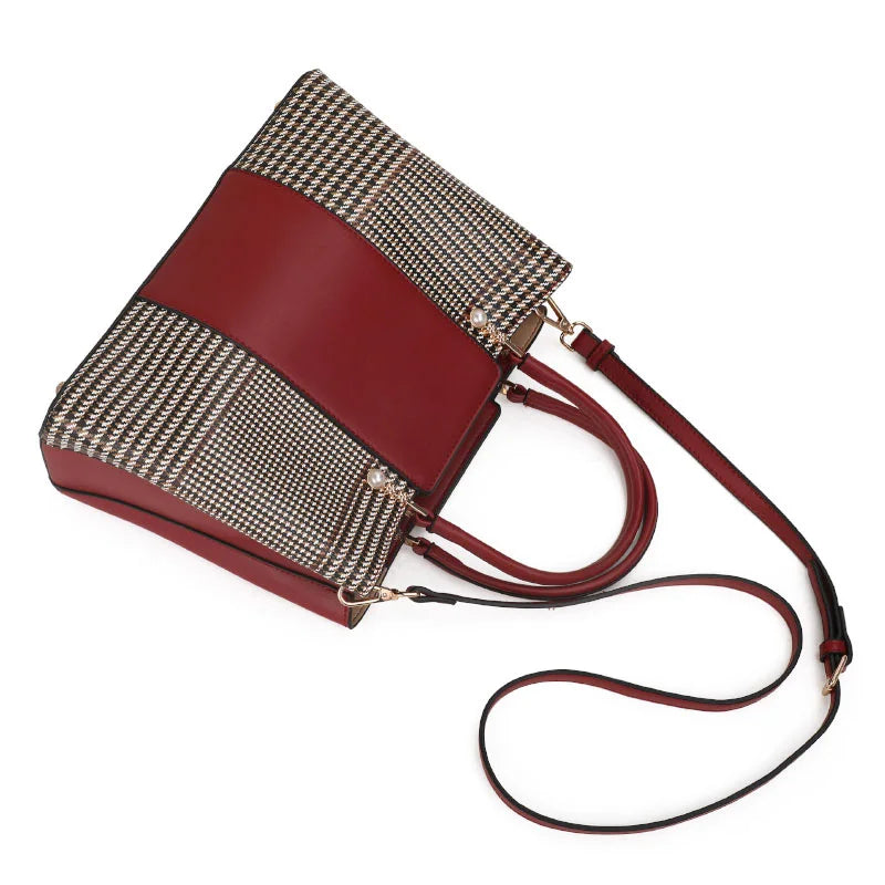Vernara Colorblock Tote – Structured Houndstooth Cowhide Handbag with Pearl Accent