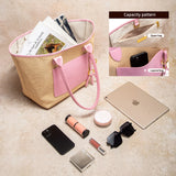 Summer Straw Tote with Leather Trim & Front Pocket