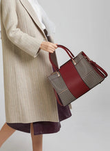 Vernara Colorblock Tote – Structured Houndstooth Cowhide Handbag with Pearl Accent