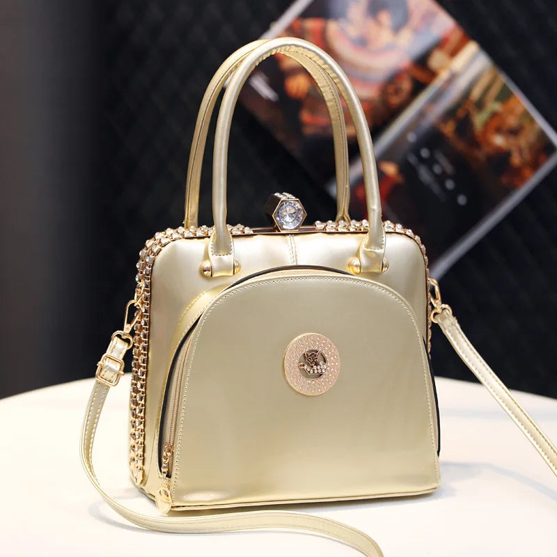 Serelina Crystal Shell Bag – Glossy Leather Evening Handbag