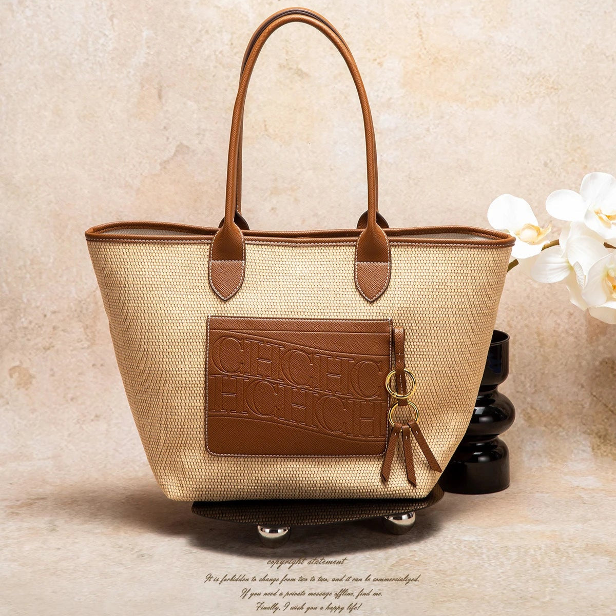 Summer Straw Tote with Leather Trim & Front Pocket