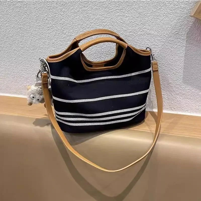 Striped Denim Shoulder Tote - Vellegra