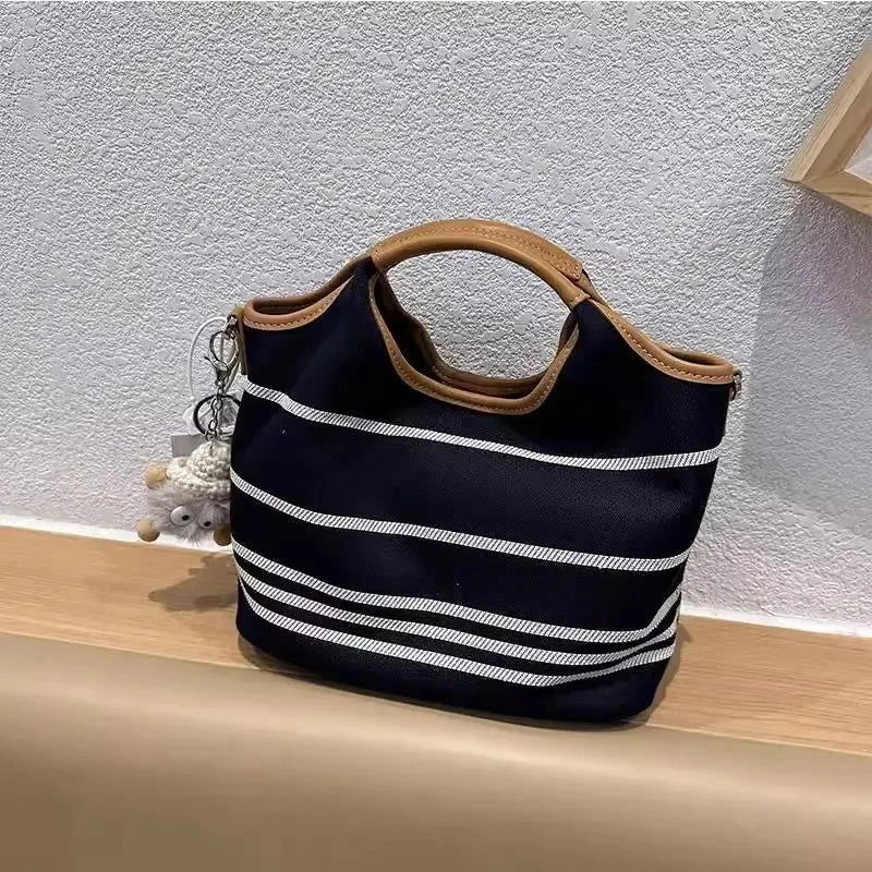 Striped Denim Shoulder Tote - Vellegra