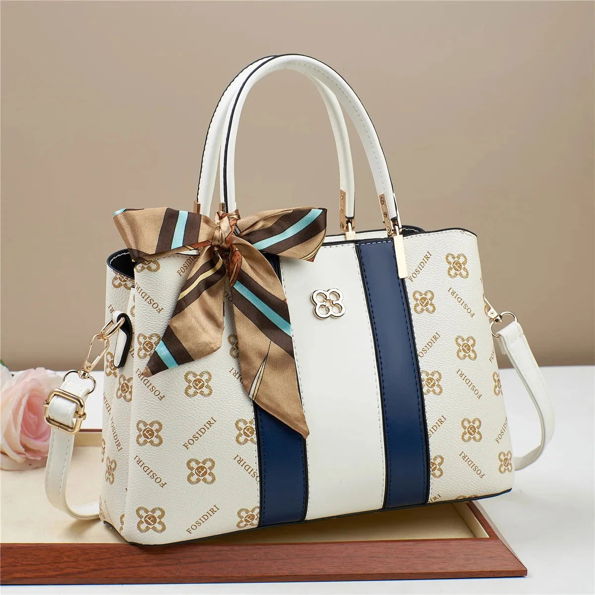 Striped Panel Scarf Handle Tote - VELLEGRA
