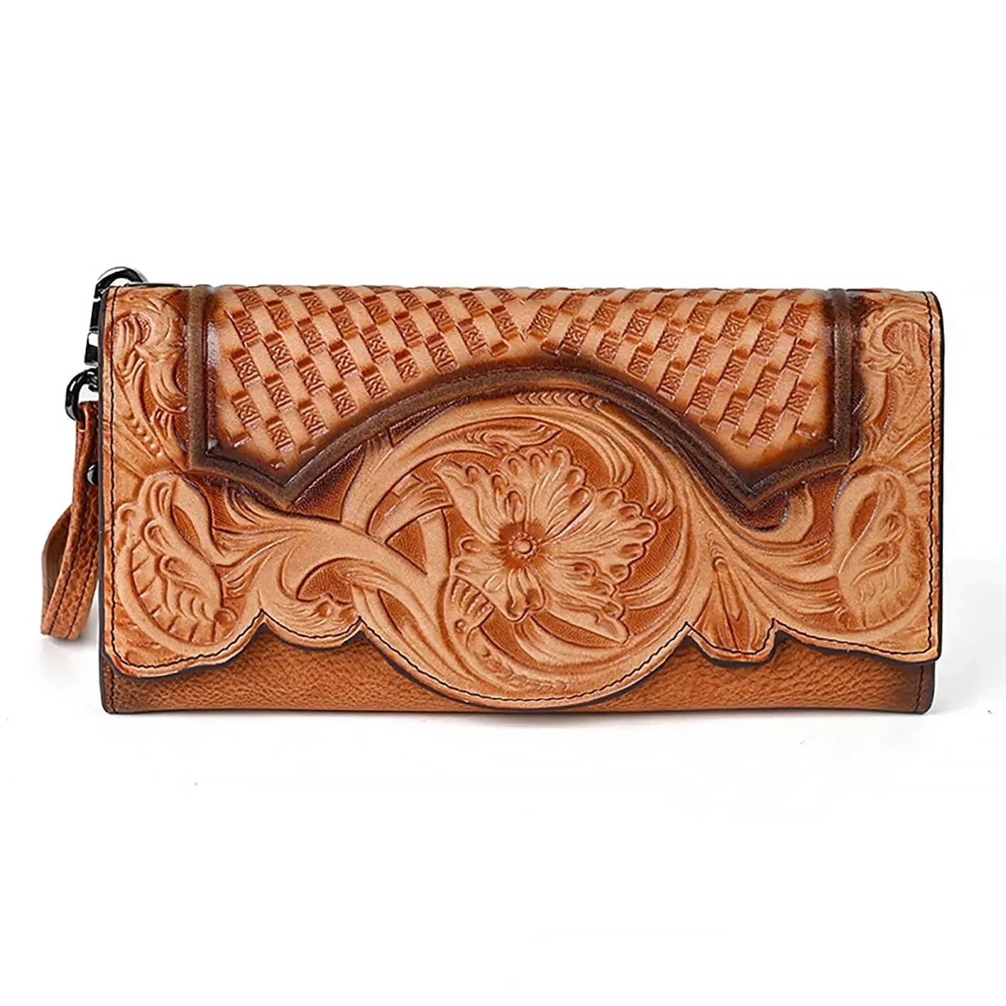 Vintage Embossed Leather Wristlet Wallet with Organizer - Vellegra