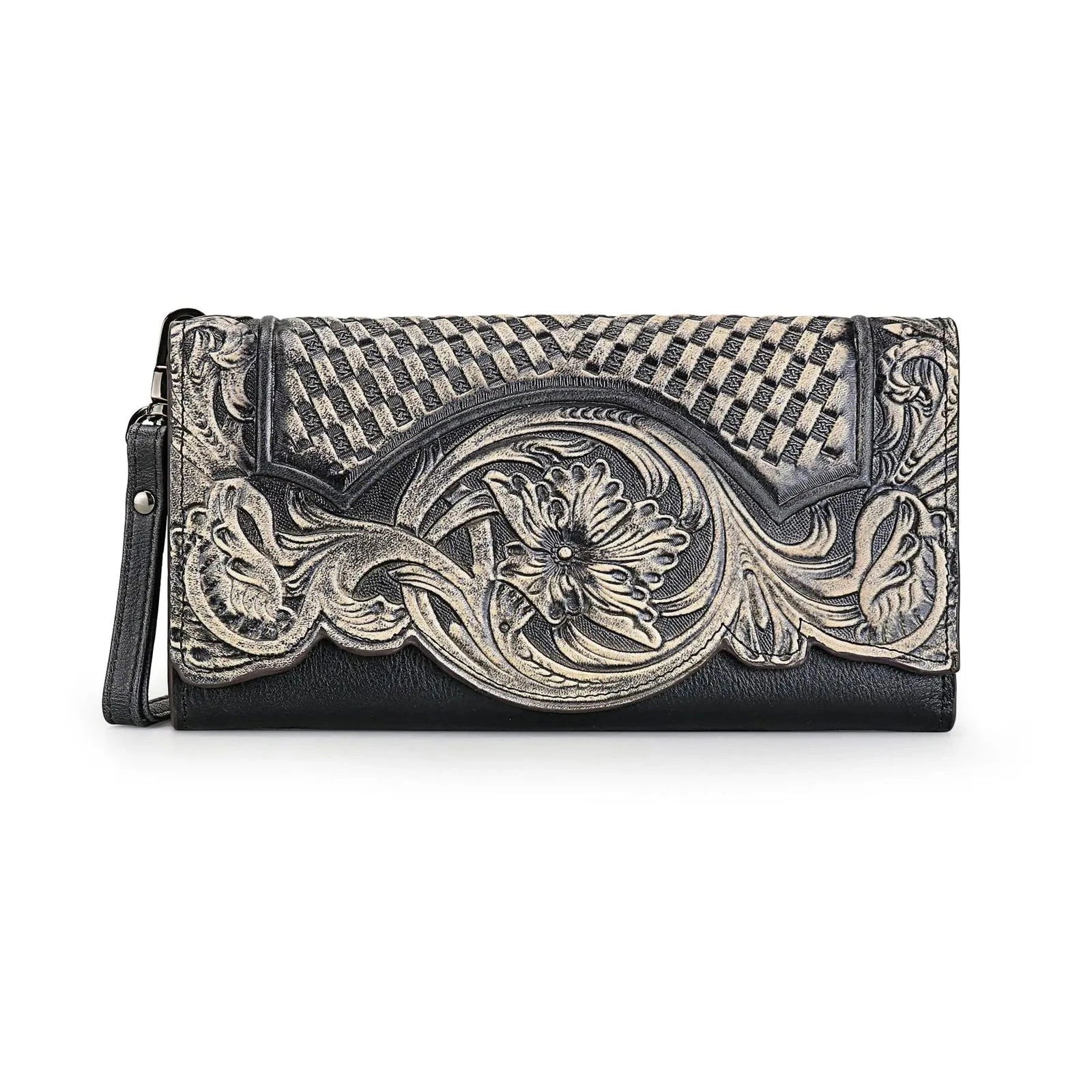 Vintage Embossed Leather Wristlet Wallet with Organizer - Vellegra