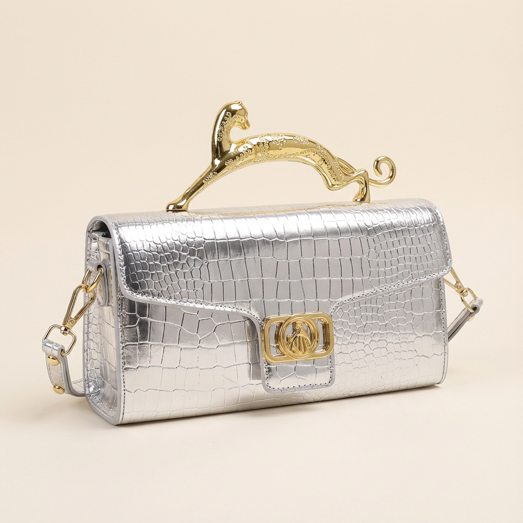 Lucerra Panther Handle Bag – Croc-Embossed Luxe Crossbody Clutch